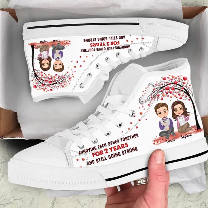 Custom Personalized Couple High Top Canvas Shoes - Gift Idea For Couple/ Him/ Her/ Valentines - Annoying Each Other Together For 2 Years and Still Going Strong