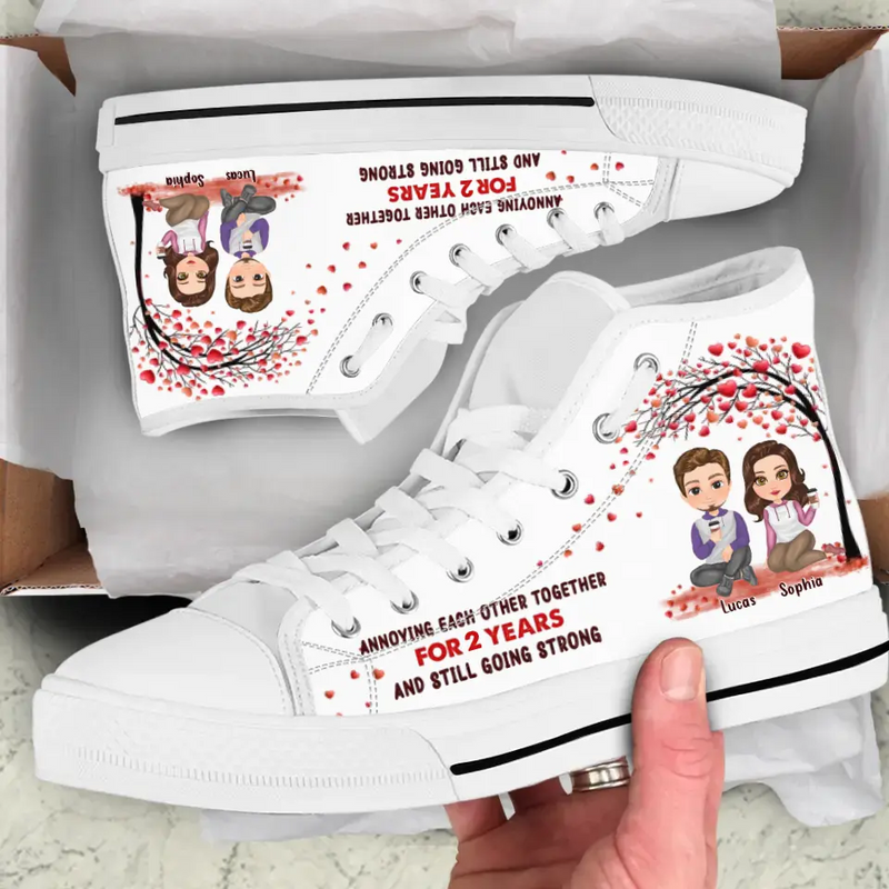 Personalized Couple High Top Canvas Shoes - Gift Idea For Couple/Him/Her/Valentines - Annoying Each Other Together For 2 Years and Still Going Strong