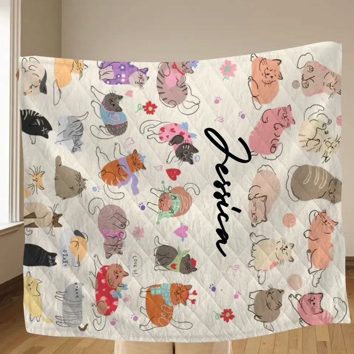 Custom Cat Quilt/Single Layer Fleece Blanket/Pillow Cover - Gift Idea For Cat Lovers/Owners