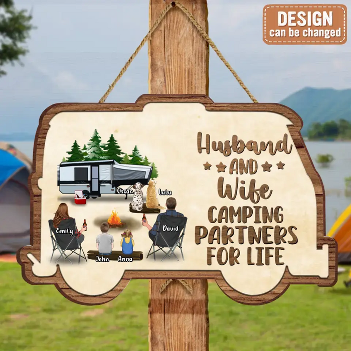 Custom Personalized Camping Wooden Sign - Up to 2 Children & 3 Pets -  Gift Idea For Camping Lovers - Husband And Wife Camping Partners For Life