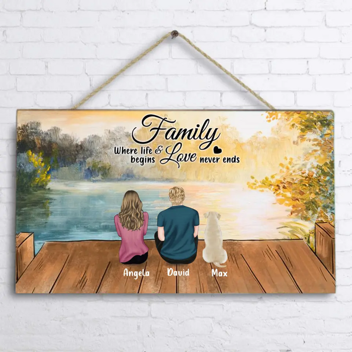 Custom Personalized Family & Dog Rectangle Door Sign - Couple/ Parents With Upto 3 Kids And 4 Dogs - Gift Idea For Dog Lover - Family Where Life Begins And Love Never Ends