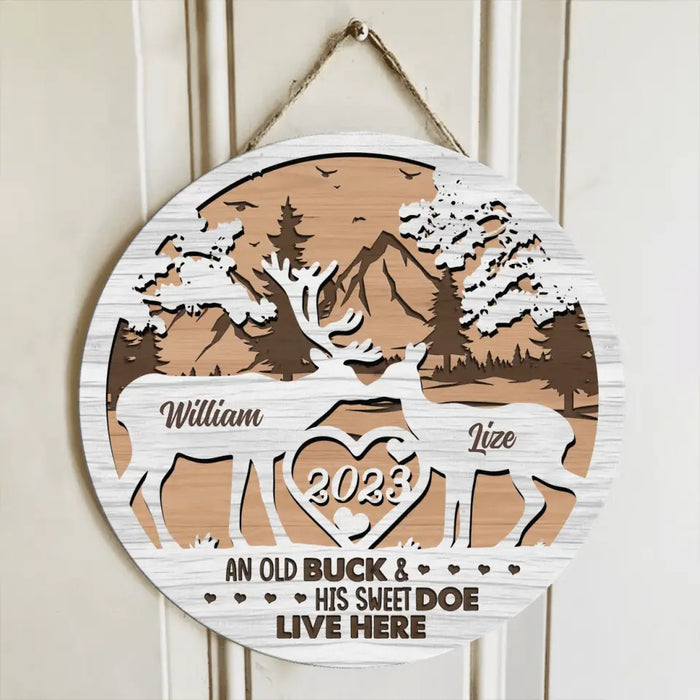 Custom Personalized Couple Circle Wooden Sign - Gift Idea For Couple/ Anniversary Gift - An Old Buck And His Sweet Doe Live Here