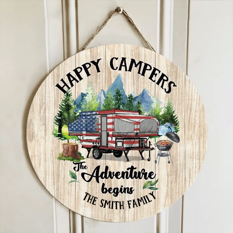 Personalized Camper Circle Door Sign - Gift Idea For Camping Lovers/Family - Happy Campers The Adventure Begins