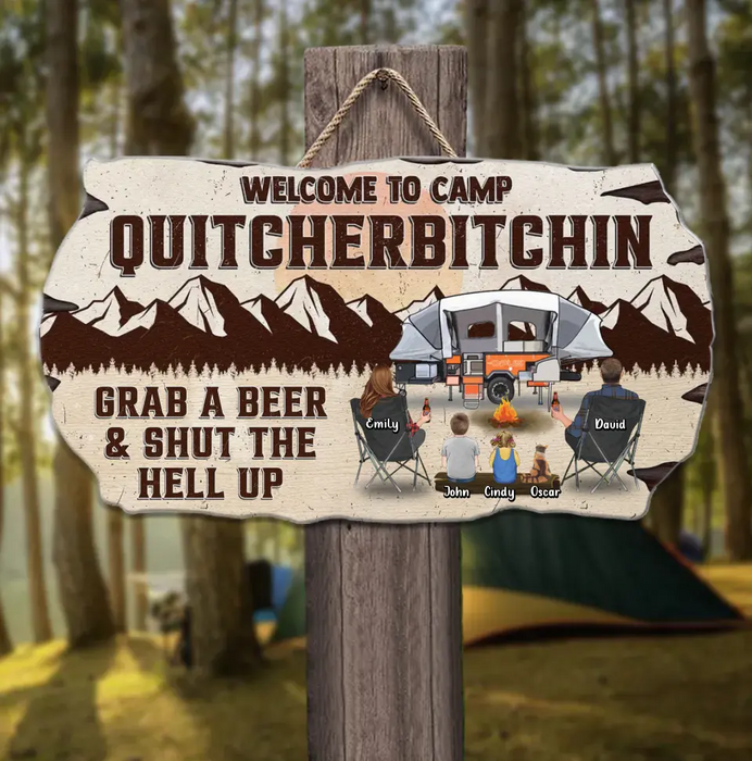 Custom Personalized Camping Wooden Sign - Gift Idea For Couple/ Family/ Camping Lovers - Couple With Upto 2 Children And 3 Pets - Welcome To Camp Quitcherbitchin