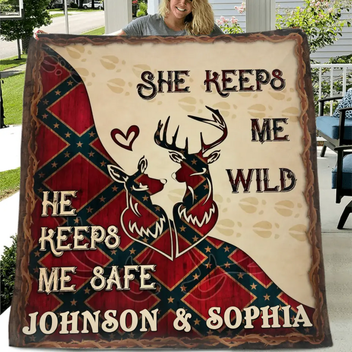 Custom Personalized Couple Quilt/ Single Layer Fleece Blanket - Gift Idea For Couple/ Husband/ Wife/ Valentine's Day - He Keeps Me Safe