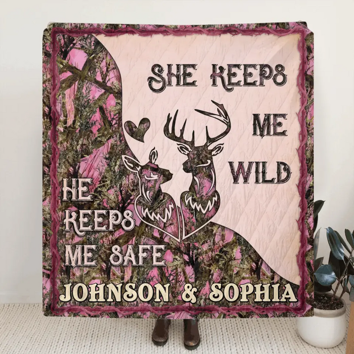 Custom Personalized Couple Quilt/ Single Layer Fleece Blanket - Gift Idea For Couple/ Husband/ Wife/ Valentine's Day - She Keeps Me Wild