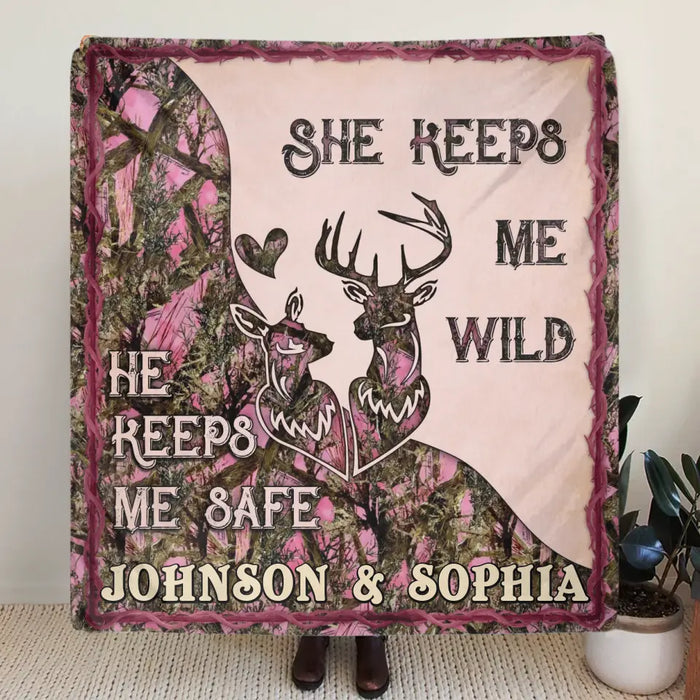 Custom Personalized Couple Quilt/ Single Layer Fleece Blanket - Gift Idea For Couple/ Husband/ Wife/ Valentine's Day - She Keeps Me Wild