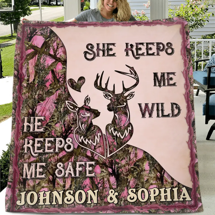 Custom Personalized Couple Quilt/ Single Layer Fleece Blanket - Gift Idea For Couple/ Husband/ Wife/ Valentine's Day - She Keeps Me Wild