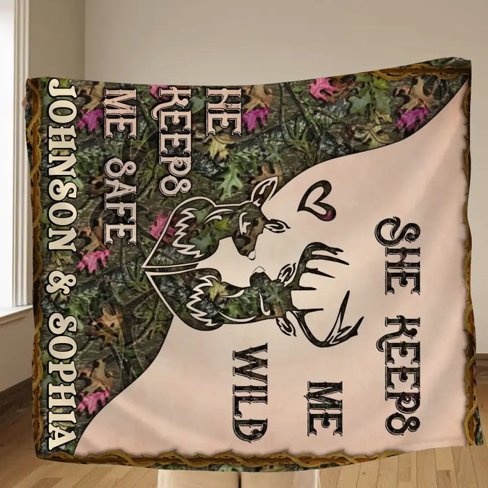 Personalized Couple Quilt/ Single Layer Fleece Blanket - Gift For Couple/ Husband/ Wife/ Valentine's Day - She Keeps Me Wild