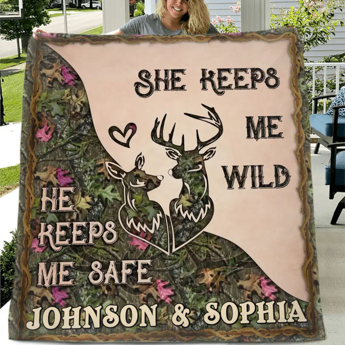 Personalized Couple Quilt/ Single Layer Fleece Blanket - Gift For Couple/ Husband/ Wife/ Valentine's Day - She Keeps Me Wild