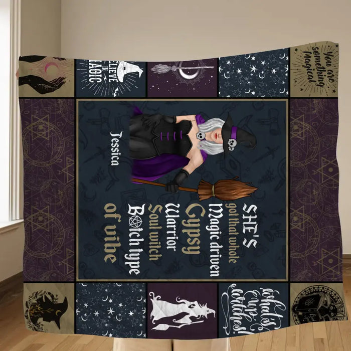 Custom Personalized Witch Quilt/ Single Layer Fleece Blanket - Halloween Gift Idea For Witch Lovers - She's Got That Whole Magic Driven Gypsy