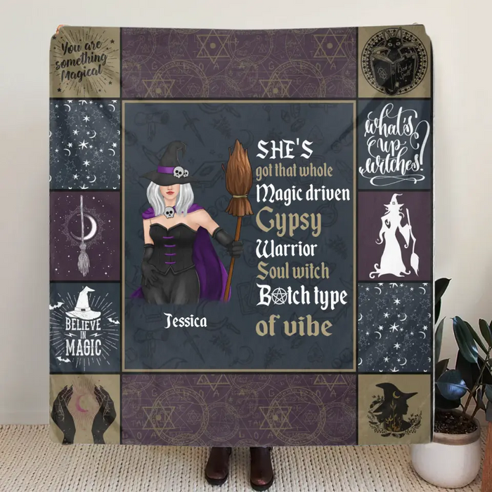 Custom Personalized Witch Quilt/ Single Layer Fleece Blanket - Halloween Gift Idea For Witch Lovers - She's Got That Whole Magic Driven Gypsy