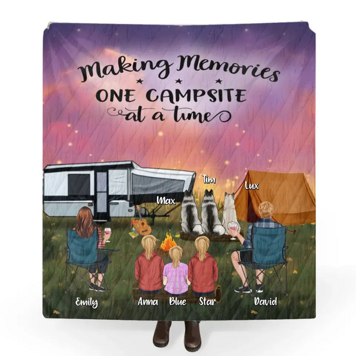 Custom Personalized Camping Couple/ Family Single Layer Fleece Blanket/ Quilt Blanket - Upto 3 Kids And 4 Pets - Gift Idea For Camping Lover - Making Memories One Campsite At A Time