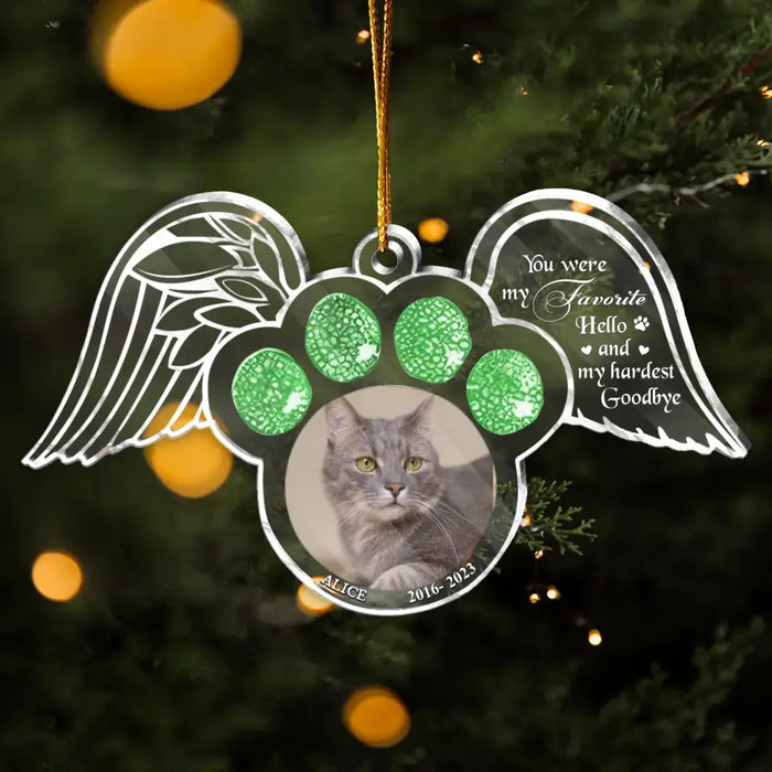 Custom Personalized Memorial Paw Wings Acrylic Ornament - Memorial Gift Idea For Pet Lover - Upload Photo - You Were My Favorite Hello And My Hardest Goodbye