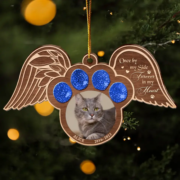 Custom Personalized Memorial Paw Wings Wooden Ornament - Memorial Gift Idea For Pet Lover - Upload Photo - Once By My Side Forever In My Heart