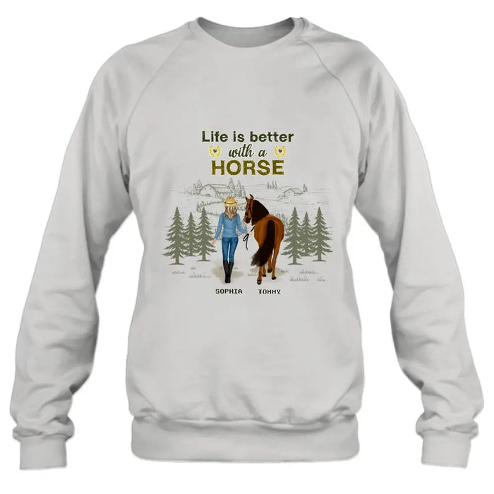 Custom Personalized Horse Girl Shirt/ Hoodie - Upto 6 Horses - Gift Idea For Horse Lover - Life Is Better With Horses