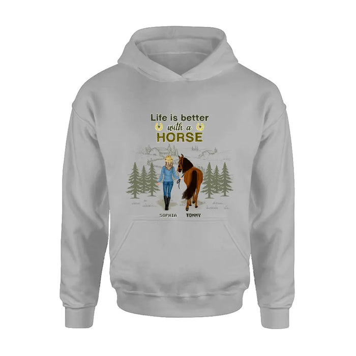 Custom Personalized Horse Girl Shirt/ Hoodie - Upto 6 Horses - Gift Idea For Horse Lover - Life Is Better With Horses