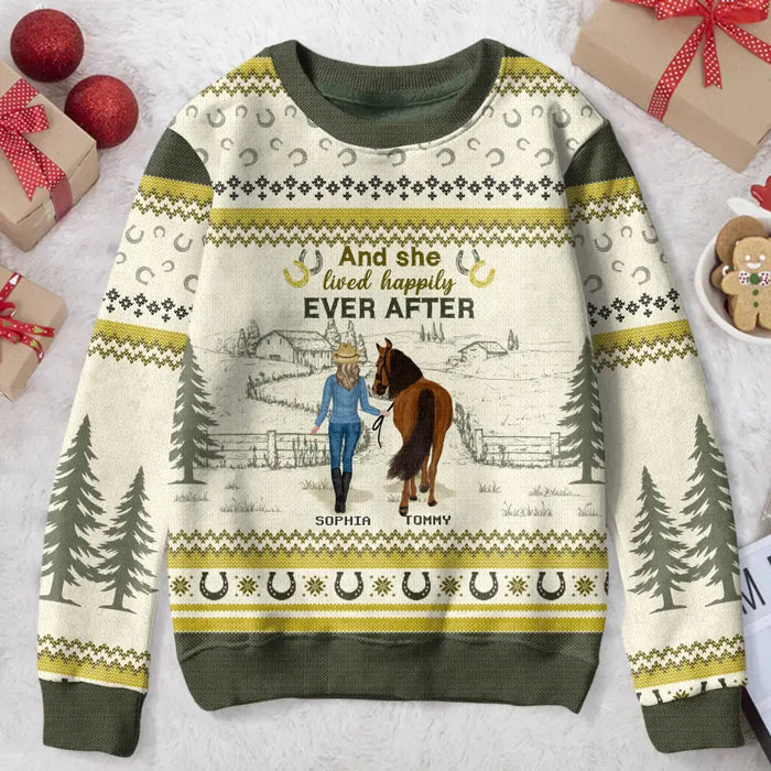 Personalized Horse Girl Sweater - Christmas Gift Idea For Horse Lover - Up to 6 Horses - And She Lived Happily Ever After