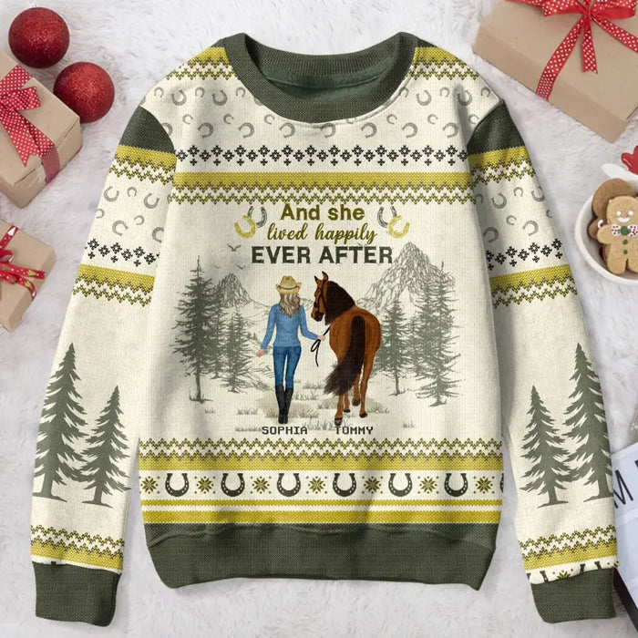 Personalized Horse Girl Sweater - Gift Idea For Horse Lover - Up to 6 Horses - And She Lived Happily Ever After