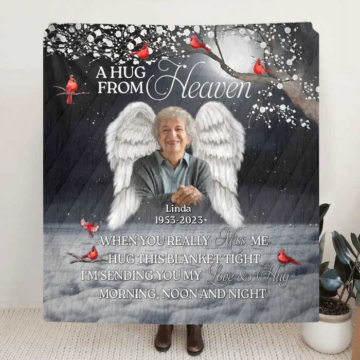 Custom Personalized Memorial Quilt/Single Layer Fleece Blanket - Upload Photo - Memorial Gift Idea For Family Member - When You Really Miss Me Hug This Blanket Tight