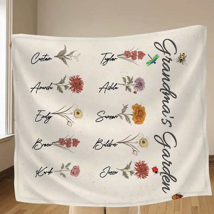 Custom Personalized Grandma's Garden Single Layer Fleece Blanket/ Quilt Blanket - Mother's Day Gift Idea For Grandma/ Mother - Upto 10 Kids