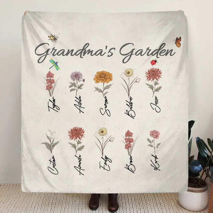 Custom Personalized Grandma's Garden Single Layer Fleece Blanket/ Quilt Blanket - Mother's Day Gift Idea For Grandma/ Mother - Upto 10 Kids