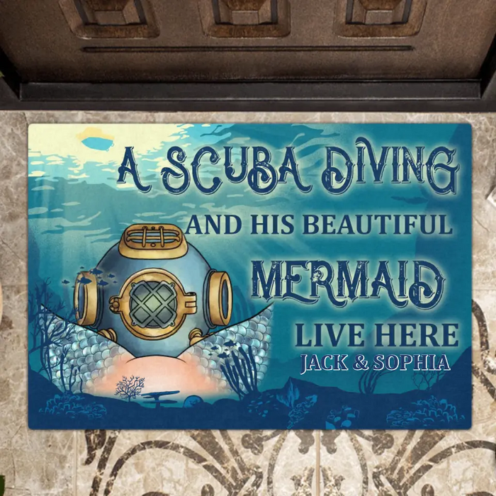 Custom Personalized Funny Doormat - Gift Idea For Couple/Him/Her/Valentine's Day - A Scuba Diver And His Beautiful Mermaid Live Here