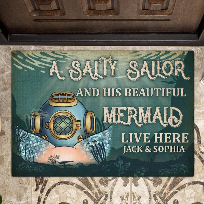 Custom Personalized Funny Doormat - Gift Idea For Couple/Him/Her/Valentine's Day - A Salty Sailor And His Beautiful Mermaid Live Here