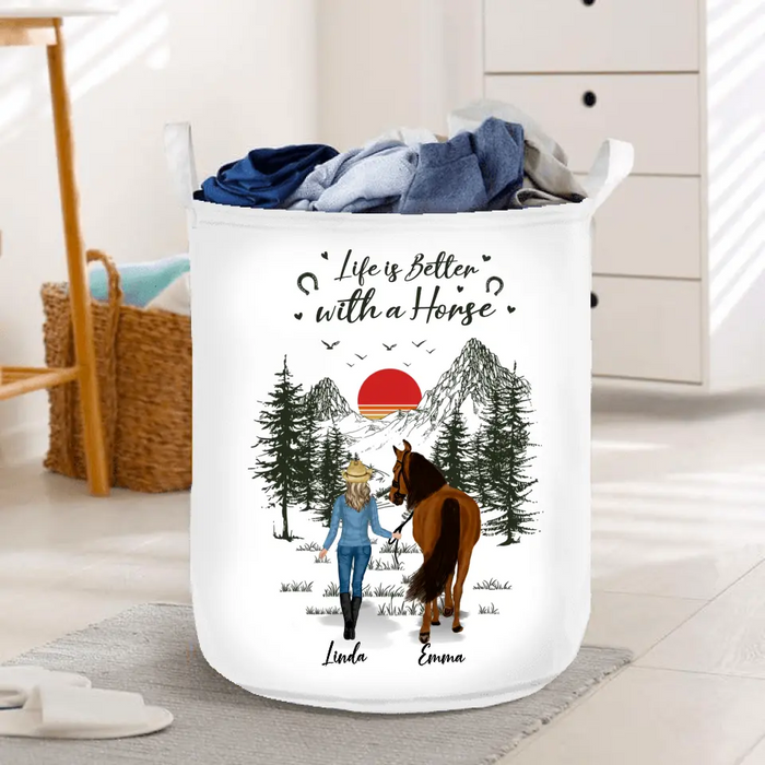 Custom Personalized Horse Girl Laundry Basket - Gift For Horse Lover - Up to 4 Horses - Life Is Better With A Horse