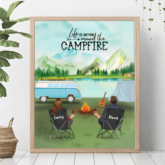 Custom Personalized Camping Poster - Gift For Whole Family - Couple/ Parents With Upto 6 Kids - 6 Pets - Life Is Better Around Camfire