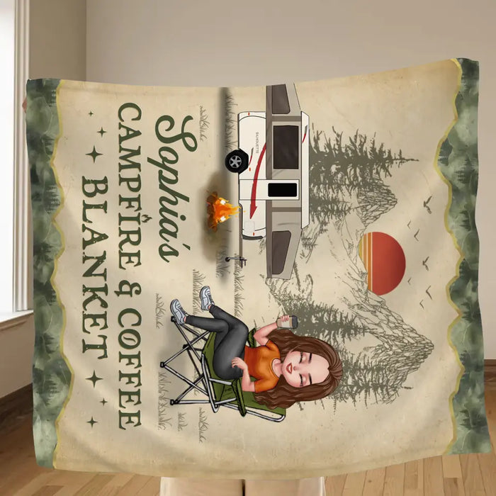 Custom Personalized Camping Quilt/Single Layer Fleece Blanket - Gift Idea For Camping Lover - My Campfire & Coffee Blanket