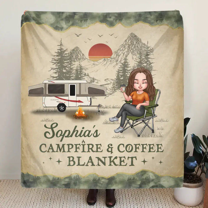 Custom Personalized Camping Quilt/Single Layer Fleece Blanket - Gift Idea For Camping Lover - My Campfire & Coffee Blanket