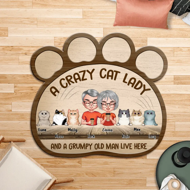 Personalized A Crazy Cat Lady Paw Area Rug - Gift For Couple and Cat Lovers With Up To 6 Cats - Cat Crazy Cat Lady and A Grumpy Old Man Live Here