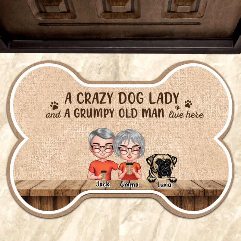 Personalized Dog Bone Area Rug - Gift For Dog Lovers with up to 6 Dogs - A Crazy Dog Lady and A Grumpy Old Man Live Here