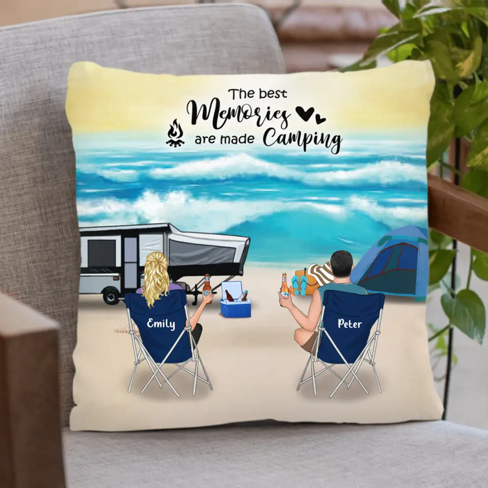 Custom Personalized Beach Camping Pillow Cover - Couple with up to 5 pets - The best memories are made camping - 1CTOH9