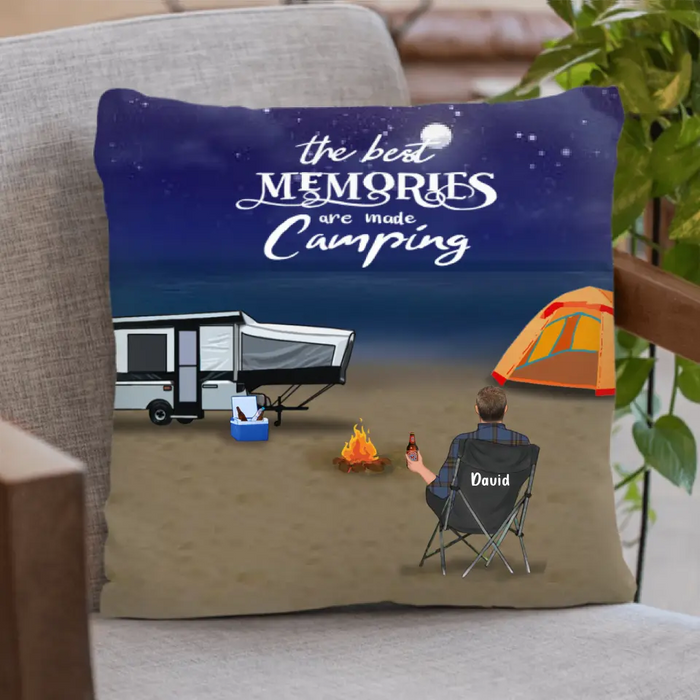 Custom Personalized Beach Camping Pillow Cover - Couple With Upto 6 Kids And 6 Pets - Best Gift For Camping Lover - The Best Memories Are Made Camping