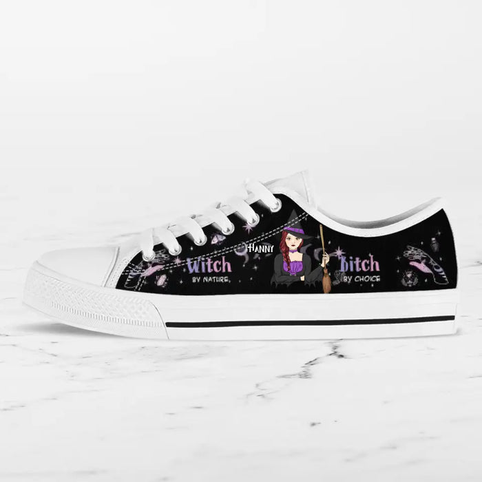 Custom Personalized Witch Canvas Low Top Sneakers - Gift for Halloween - Witch by nature Bitch by choice Sneaker