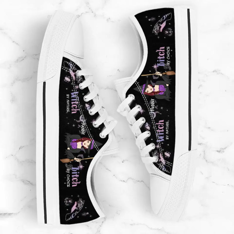 Personalized Witch Canvas Low Top Sneakers - Gift for Halloween - Witch by nature Bitch by choice Sneaker
