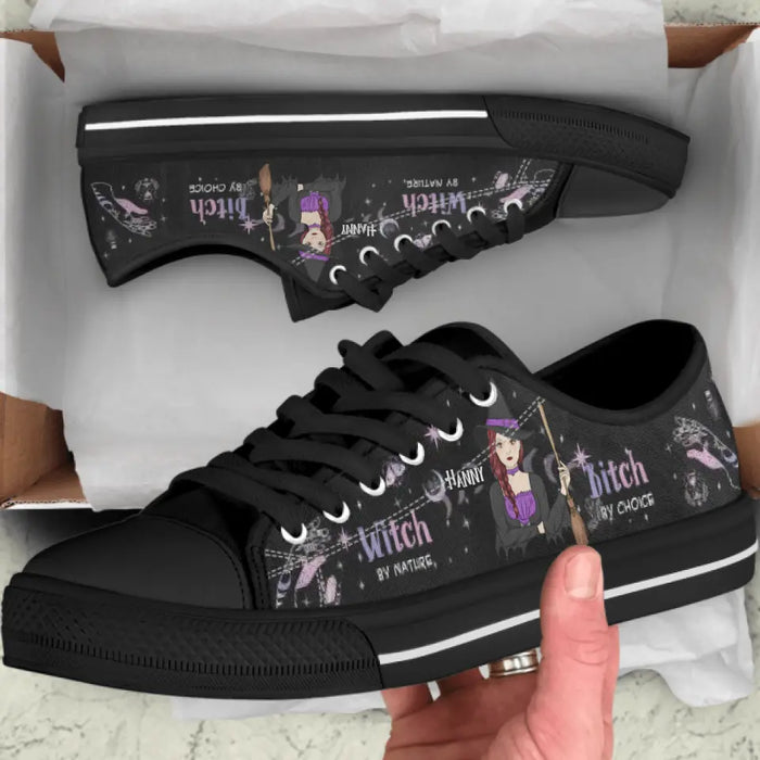 Custom Personalized Witch Canvas Low Top Sneakers - Gift for Halloween - Witch by nature Bitch by choice Sneaker