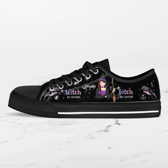 Custom Personalized Witch Canvas Low Top Sneakers - Gift for Halloween - Witch by nature Bitch by choice Sneaker