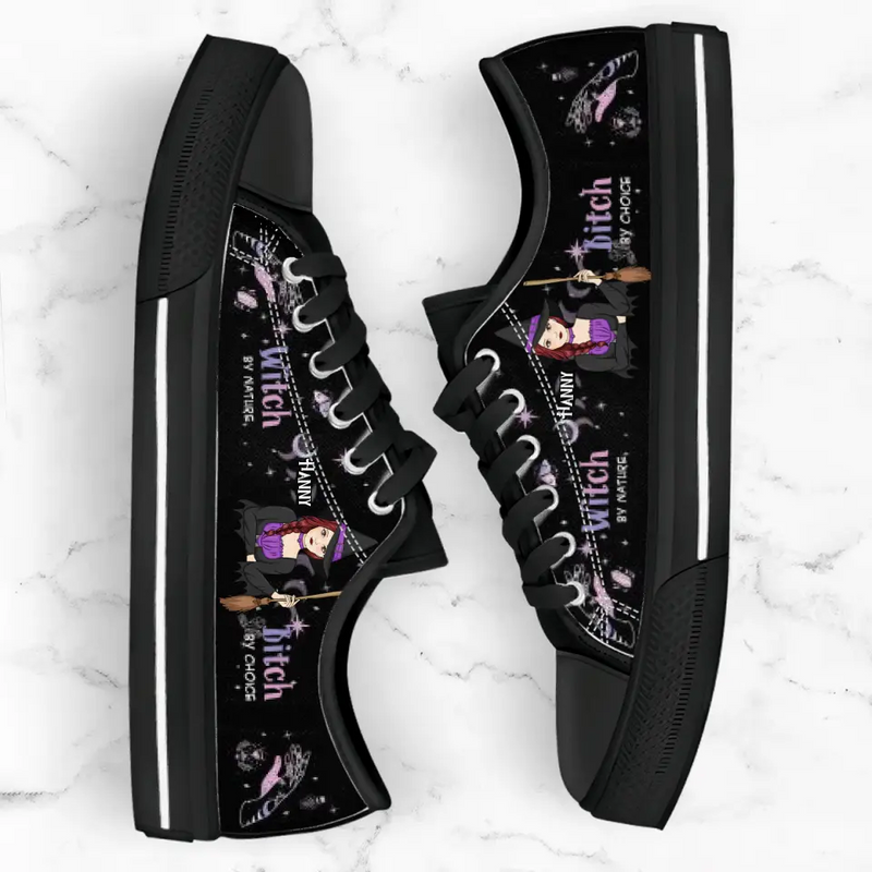 Personalized Witch Canvas Low Top Sneakers - Gift for Halloween - Witch by nature Bitch by choice Sneaker