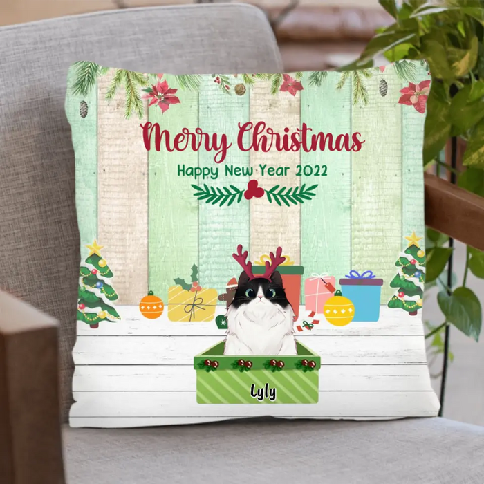 Custom Personalized Cat Boxes Pillow Cover - Upto 3 Cats - Christmas Gift For Cat Lover - Merry Christmas