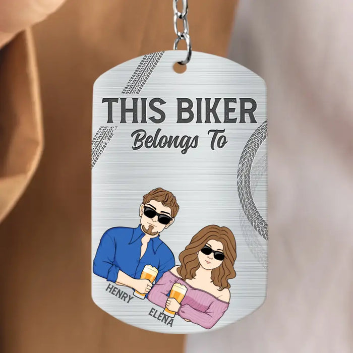 Custom Personalized Biker Husband Aluminum Keychain - Couple With Upto 3 Kids - Gift Idea For Husband/ Father - This Biker Belongs To