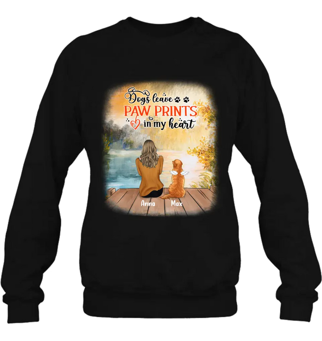 Custom Personalized Dog Mom Shirt/ Pullover Hoodie - Upto 5 Dogs - Gift Idea For Dog Lover - Dogs Leave Paw Prints In My Heart