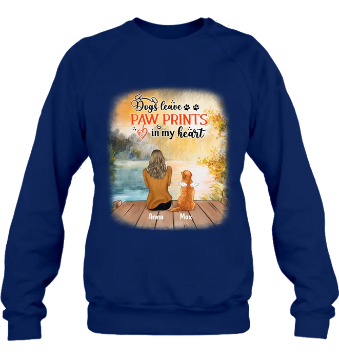 Custom Personalized Dog Mom Shirt/ Pullover Hoodie - Upto 5 Dogs - Gift Idea For Dog Lover - Dogs Leave Paw Prints In My Heart