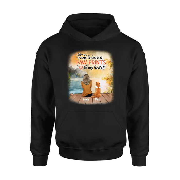 Custom Personalized Dog Mom Shirt/ Pullover Hoodie - Upto 5 Dogs - Gift Idea For Dog Lover - Dogs Leave Paw Prints In My Heart