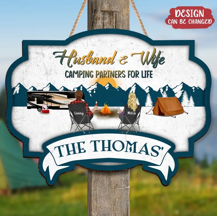 Custom Personalized Camping Wooden Sign - Couple With Up to 2 Children & 3 Pets -  Camping Lovers Gift Idea - Husband & Wife Camping Partners For Life