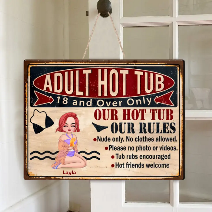 Custom Personalized Adult Hot Tub Wooden Sign - Gift Idea For Beach Girl/ Friends - Our Hot Tub Our Rules