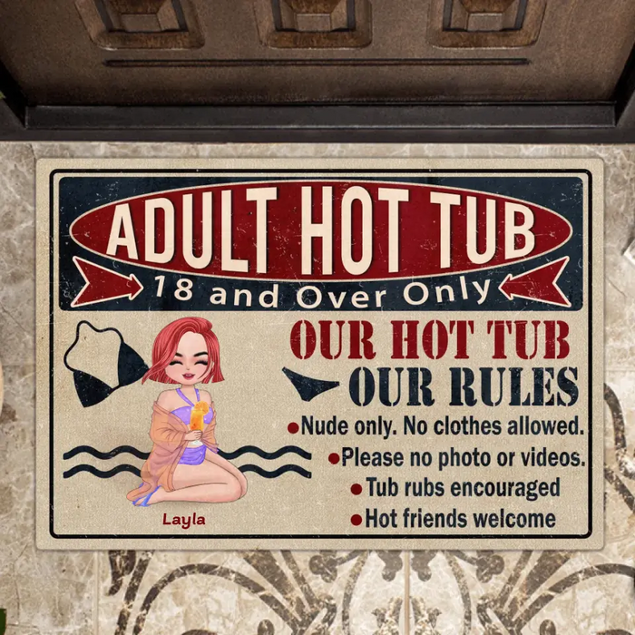 Custom Personalized Adult Hot Tub Doormat - Gift Idea For Beach Girl/ Friends - Our Hot Tub Our Rules
