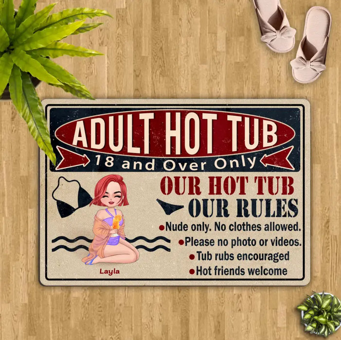 Custom Personalized Adult Hot Tub Doormat - Gift Idea For Beach Girl/ Friends - Our Hot Tub Our Rules